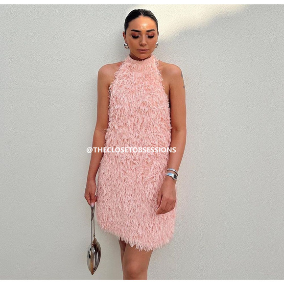 ZARA Pink Feather Appliqué Mini Dress NWT | Halter Open Back Blogger Fave - Picture 10 of 16